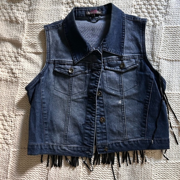 what’s hot Jackets & Blazers - Vintage/Y2K What’s Hot Denim Vest with Black Fringe